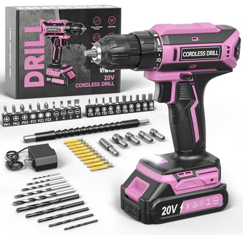 Pink Cordless Drill Set, 20V Max PowerDrill for Women, Lightweight ElectricDrill with Power Pack and Charger, 25 Position and 56 Pcs Accessoires, Womens Drill Tools Kit for House