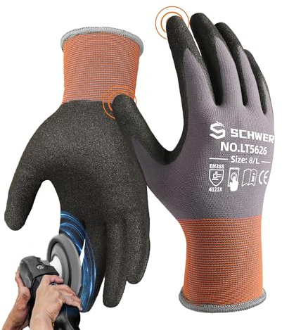 Schwer 12 Pairs Safety Work Gloves Sandy Nitrile Coated LT5626, Level 6 Abrasion Resistant (Certified) Heavy Duty Working Gloves with Grip for Men Women, Touch-Screen, for Mechanic, Construction, XL