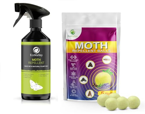 EcoValley Moth Repellent Spray - 500ml & 5 Moth Repellent Balls Kit/Bundle Lavender Scented Natural Wardrobe & Clothing Protector - Effective Carpet Protection - Alternative to Moth Balls