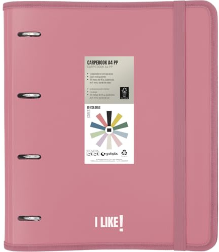 Grafoplas - Archivador 4 Anillas Plastico a4 con Recambio, Carpebook Like Rosa, Incluye Hojas Cuadriculadas 90g 5x5 Bordes Color, Separadores, Sobre con Cierre, Pegatinas y Hojas Planner, Lomo Curvo