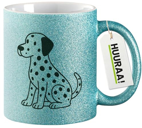 Huuraa Glitzertasse Dalmatiner Comic Dotti Geschenk | Motivtasse 330ml Glitzer Tasse mit Spruch Blau Keramik Kaffeebecher Geschenkidee Blue Glitter Becher mit Motiv