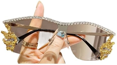 YCXMBH Lunettes de Soleil Vintage Diamant for Femmes, Verres solaires sans Monture Populaires, métal Punk, Cristal, Abat-Jour UV400(Champagne)