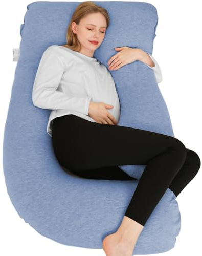 Chilling Home graviditetskudde kylande, J form, sidosovkudde med jerseyöverdrag kudde, amningskudde, stor förvaringskudde, kudde för kvinnor och personer som sover på sidan (kylning) blå)