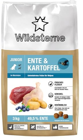 Wildsterne Ente & Kartoffel Junior 3 kg| Getreidefreies Trockenfutter | Monoprotein | von Tierärzten entwickelt