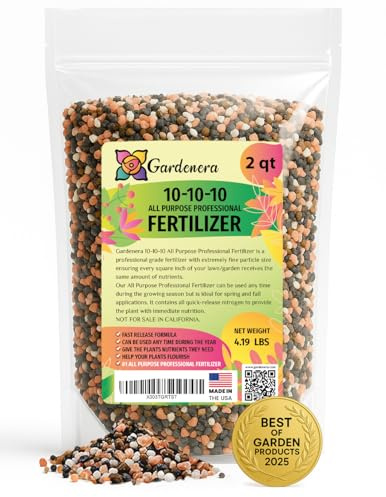 Professional 10-10-10 All-Purpose Soil Fertilizer by Gardenera - Ideal for Flowers, Plants, Vegetables, Fruit Trees and Lawns - 2 Quarts