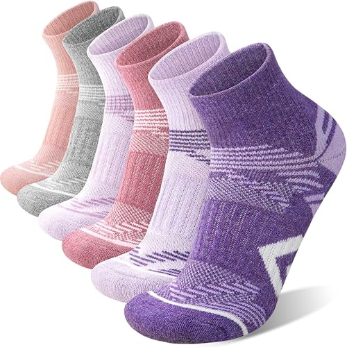 ANTSANG 6 Pairs Merino Wool Quarter Ankle Hiking Running Socks Compression Thermal Thick Cushion Socks for Women Men(Pink-Purple Series,M)