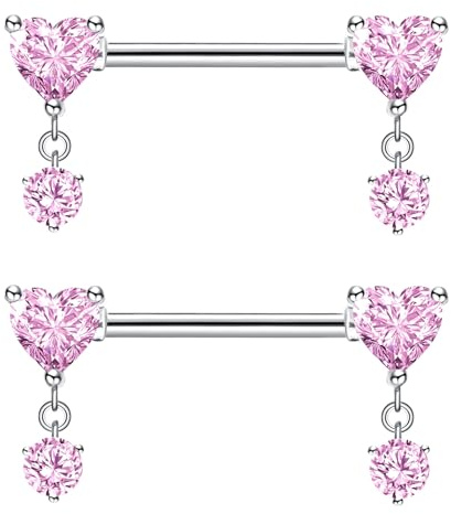 Besyvvin Nipple Bars 14mm Pink Stainless Steel 14G Nipple Rings Heart CZ Dangle Nipple Piercing Jewellery for Women
