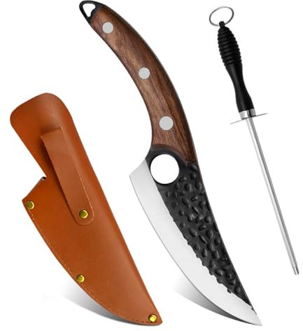 2pcs Kitchen Knife Set with Sheath Chef Knife Hand Forged Boning Knife Japanese Style Full Tang Butcher Meat Viking Knives for Home, Outdoor, Camping
