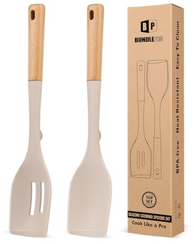 Paquete de 2 cucharas de cocina grandes de silicona, resistentes al calor, antiadherentes, con mango de madera, ideales para mezclar, revolver, servir, cocinar (KHAKI)