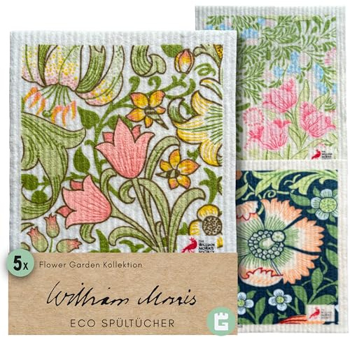 Grünschloss Art Küchentücher Bedruckt Original William Morris Flower Garden (5X Set) Einzigartige Design Spüllappen waschbar Zellulose & Baumwolle Spültücher saugstark & nachhaltig