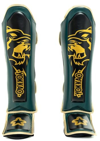 YOKKAO Muay Thai Kickboxing MMA Original Shin Guards Gold with Knee Guards - Green - L