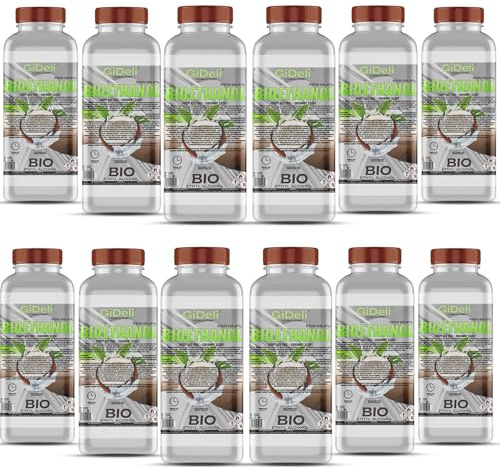 GiDeli Bioéthanol 12 x 1 l Parfum noix de coco 96,6 % éthanol pour intérieur et extérieur Sans fumée ni suie Fabriqué à partir de maïs et de betterave sucrière