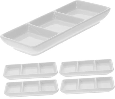 FUNNETOYU 5 piezas Plato Cerámico para Salsa Triple Compartimento para Servir Aperitivos y Salsas como Mostaza y Ketchup Diseño Compacto y Portátil para Hogar y Restauración