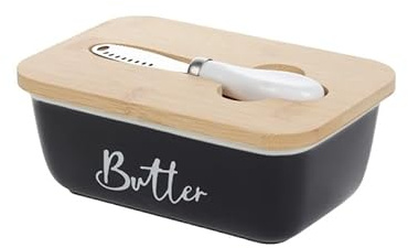 Undoria Butter Dish with Lid and Multifunctional Butter Curler Knife,butter container for fridge & countertop,hard Ceramics storage with Double Silicone Sealing for home and kitchen (Black)