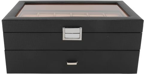 Jonlaki Caja Expositora de Relojes de Fibra de Carbono con 24 Ranuras y Cajón de Cuero PU para Hombres, Solución de Almacenamiento Lujosa y Elegante (W61C)