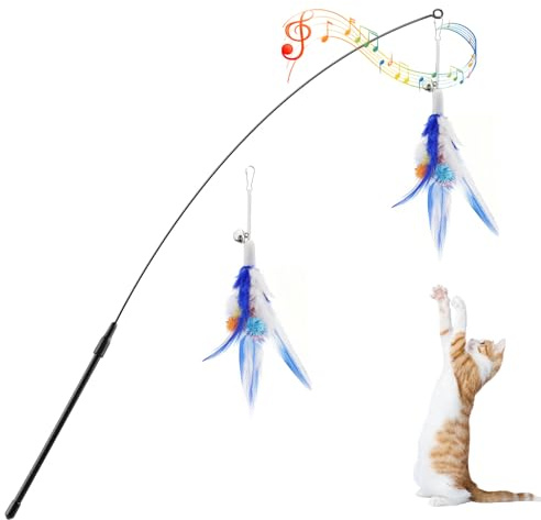 Pawaboo Katzenspielzeug Interaktives Katzenangel Katze Spielzeug Katzen | Spielstab Katzenspielzeug-Stab mit 2 Stück Federn und 88cm Stab und Glocken für Kätzchen oder Katze, Blau