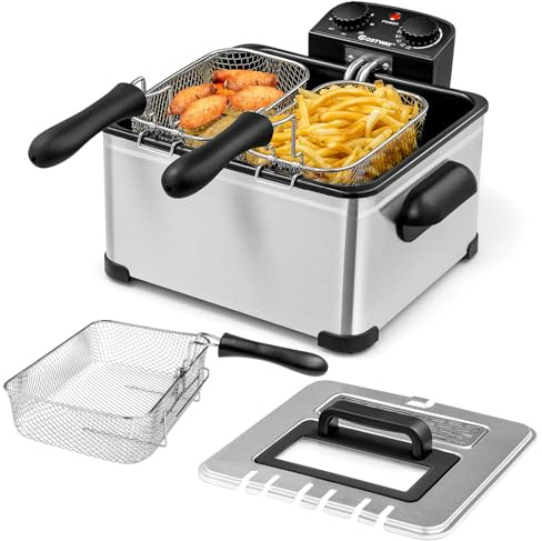 COSTWAY 5 Liter Deep Fryer with Basket, 1700W Electric Oil Fryer with Lid with Viewing Window, Adjustable Timer and Temperature, Small Countertop Deep Fryer Pot for Home Kitchen Use, Silver