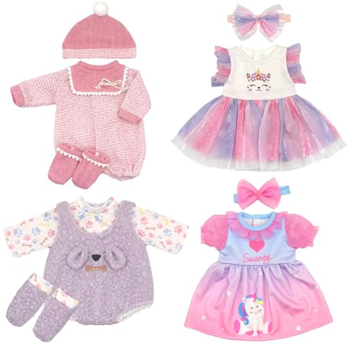 Doll Clothes Outfits for 14-16 Inches 35-43cm Baby Doll, 4-packs Dress with Hat, Headband, Socks (Not Include Doll)