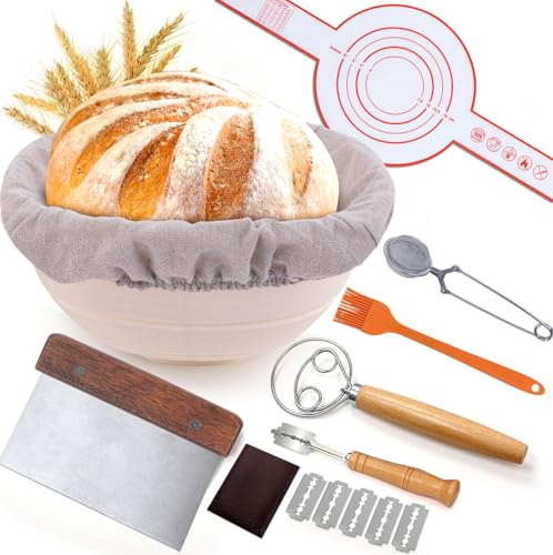 Brot Gärkorb Set, 23cm Rund Brotkörbchen, Sauerteig-Gärkorb Kit | inkl. Teigschaber, Leineneinsatz, Teigrührer & Brot Lahm, Perfekt für Brotback-Anfänger & Profis