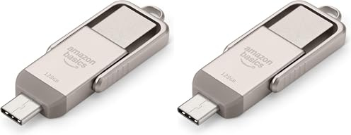 Amazon Basics Memoria USB, Memoria Portátil con Puertos USB C y USB A Duales, 128GB, Color Champán Plateado (Paquete de 2)