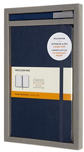 Moleskine - Schreibset mit Notizbuch und Tintenroller Classic Plus (Klassisches Notizbuch mit Linierten Seiten, Hardcover, Großformat 13 x 21 cm, Farbe Saphirblau, 240 Seiten - Tinte Nachfüllbar)