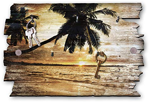 Kreative Feder Palmenstrand Designer Schlüsselbrett, Hakenleiste im Landhaus-Stil, Shabby-Chic aus Holz 30x20cm (Palmenstrand)