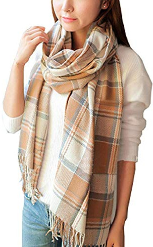 heekpek Sciarpa Donna Invernale Elegante Lunghe Sciarpa Tartan Calda Morbida Colorata Scialle Donna Invernale Cashmere con Frange, Beige