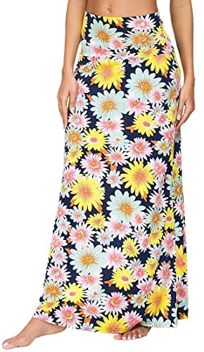 EXCHIC Kjol för damer, kjol i boho-stil, böljande kjol, maxikjol med elastisk hög midja, lång kjol, 3, S