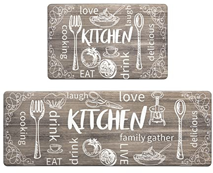 HEBE Kitchen Rugs Set of 2, Cushioned Anti Fatigue Kitchen Mats for Floor, Non Slip Waterproof Comfort Standing Desk Mat Carpet for Sink, Stove, Laundry Room, Brown