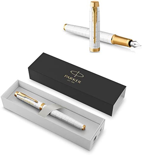 PARKER IM Premium Füllfederhalter mit Gravur | Premium Stift | Geschenkbox | blaue Tinte | personalisiertes Geschenk | Namen | graviert | Füller | Geburtstag | Geschenkidee (Pearl G.C.)