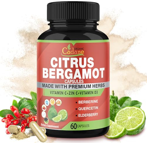 Organic Cadane Citrus Bergamot Extract Capsules & VitC, D3, Zin.C, Berberine, Quercetin, Elderberry, Bromelain, Nettle, Olive and More | Support Overall Health, Immune System, 60capsules