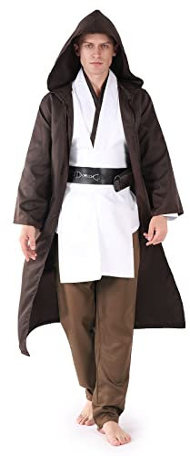 AENEY 5-teilig Jedi Kostüm für Erwachsene Tunika mit Kapuze mittelalterliches Halloween Cosplay Party Kostüm komplettes Set, braun (Large,180cm)
