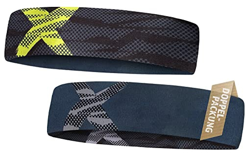 Cinta para el pelo Sport X reversible, delgada, ultraligera, muy elástica, Banda Cabeza Deporte, para hombre, mujer y niños (NEON X y Black Grey X 2 unidades)