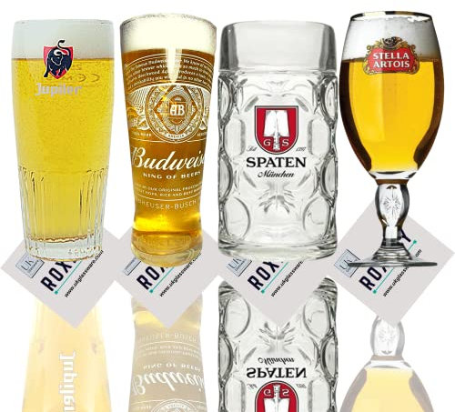 Roxley Set of 4 Draft Glasses Set Lager Stella Spaten Camden Town Beer Mixed Pint Litre Glasses X4 Man Cave Made in UK