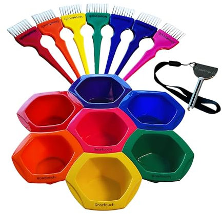 Professional Salon Hair Dye & Coloring Brush and Tint Bowl Set, 7 Rainbow Application Brushes and Mixing Bowls
