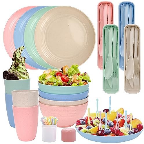 28 Pcs Camping Geschirr Set Plastik,Unzerbrechliches Geschirr Set 4 Personen mit Teller Nachtischteller Schalen Tassen Besteck Fruchtgabel,Geschirrset Leicht für Kinder Erwachsene Abendessen Picknick