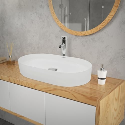 ECD Germany Vasque à Poser Lavabo Salle de Bain - 605 x 380 x 125 mm - en Céramique - Ovale - Blanc - Lave Mains Évier à Poser sur Meuble - Drain avec Raccordement Standard - sans Kit de Vidange