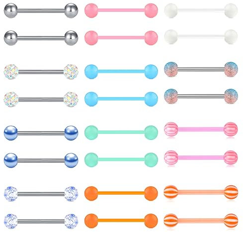 VF VFUN 24stk 16G Zungenpiercing 16mm Zunge Piercing Für Frauen Brustwarzenpiercing Acryl Gerade Barbells Edelstahl Bälle Zungenpiercings