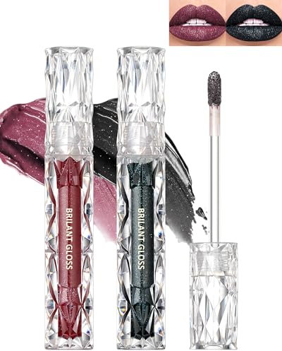 2Pcs Glitzer Lipgloss, Schwarz Rot Metallic Diamond Flüssiger Lippenstift, Glitter Schimmer Lip Gloss Langanhaltend Wasserdicht, Non-Stick Hochpigmentiert Lip Tint Gloss Makeup für Valentinstag-09+10