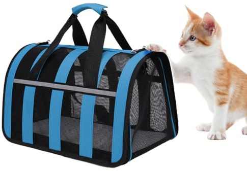 Treer Sac Transport Chat, Sac de Transport pour Chat Respirant et Pliable, Caisse de Transport Chat avec Matelas Souple, Sac Chat pour Voyage en Avion-Bleu S