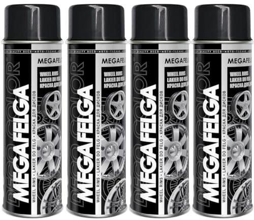 Deco Color 4er Sparpack MEGAFELGA SCHWARZ RAL 9005 GLANZ in 500ml - Felgenlack - Lackspray für Alufelgen und Stahlfelgen (4 Dosen 500ml Felgenlack Schwarz Glanz)