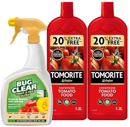 Tomato Plant Food Growing Fertilizer - Bundle of 2 x 1.2L Tomato Feed Concentrated Liquid Enriched Seaweed Fertiliser & 800ml Bug Clear Controller for Fruit and Vegetable Plants with Topline Card