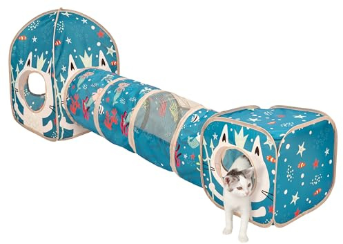 Kitty City Ocean-Themed Cat Play Furniture Set, Collapsible Pop-Up Cat Toys Combo with Cube, Tunnel & House, Indoor Cat Playground for Play, Hiding & Lounging