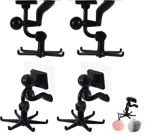 KATIMI 4 Pieces 360° Rotating Utensil Holder Hook, Holder Without Drilling, Black Utensil Rack with 6 Hooks, Self-Adhesive Kitchen Hooks for Kitchen Bathroom Wardrobe