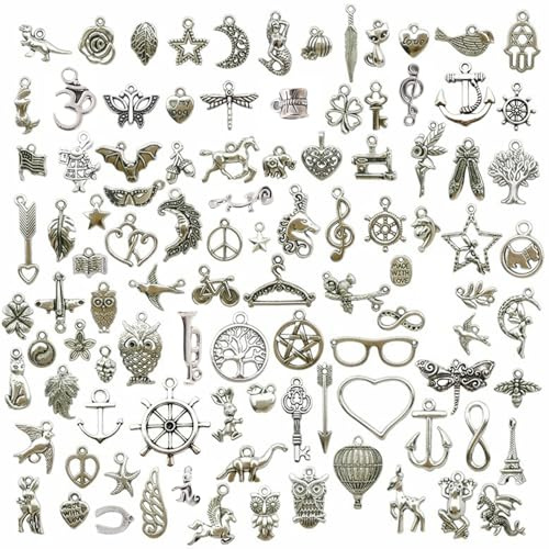 100PCS Mixed Silver Charms Set, Tibetan Silver Alloy Pendants for DIY Jewelry Making