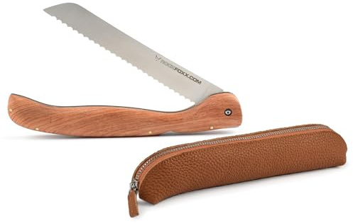 ROCK FOXX. COM FOXXKNIFE Couteau à pain pliable de 18,5 cm, inoxydable, manche en bois d'olivier ou de padou. Avec sac à couteaux pratique, gravure au laser possible sur demande (bois de padouk, étui