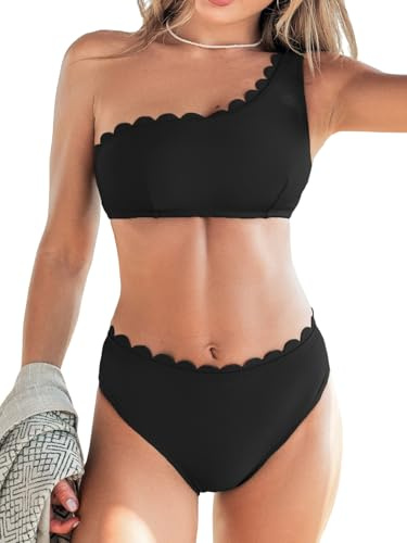 CUPSHE Ensemble bikini deux pièces pour femme - Maillot de bain une épaule mi-haute festonnée - Bretelles larges - Crochet dans le dos