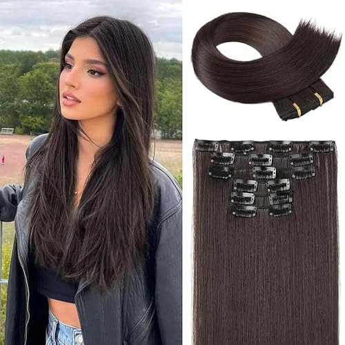 XFSRG Extension Capelli Clip Lunga Clip in Hair Extension Straight Extension Clip Capelli Naturale Lisci Parrucchino Sintetico per Donna (Castano Chiaro)