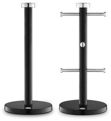 Swan Townhouse Kitchen Towel Pole and 6 Mug Tree Set with Colour Coated Iron, Chrome Accents and Weighted Bases, Black