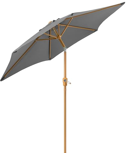CHRISTOW Tilting Garden Parasol, Wood-Effect, 2.4m, Grey | Table Umbrella, 2.4m Sunshade Canopy, Crank Handle Operation, Tilt Function, Wood-Effect Steel Pole, UPF30+ Protection